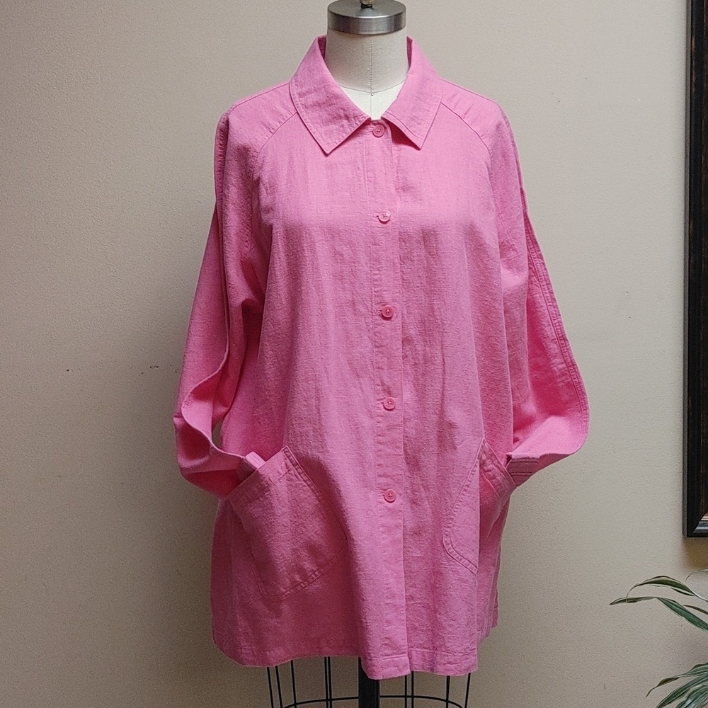 Denim & Co. Pink Oversized Linen Cotton Shirt Patch Pockets Size M
